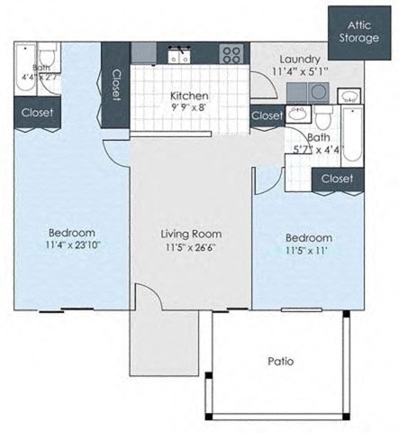 Floor plan for 2 beds, 2 baths, 864 sqft